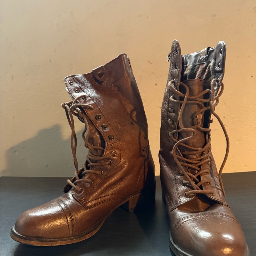 Steve Madden Brown Leather Lace Up Back Zipper Fold Down Parto Combat Boots